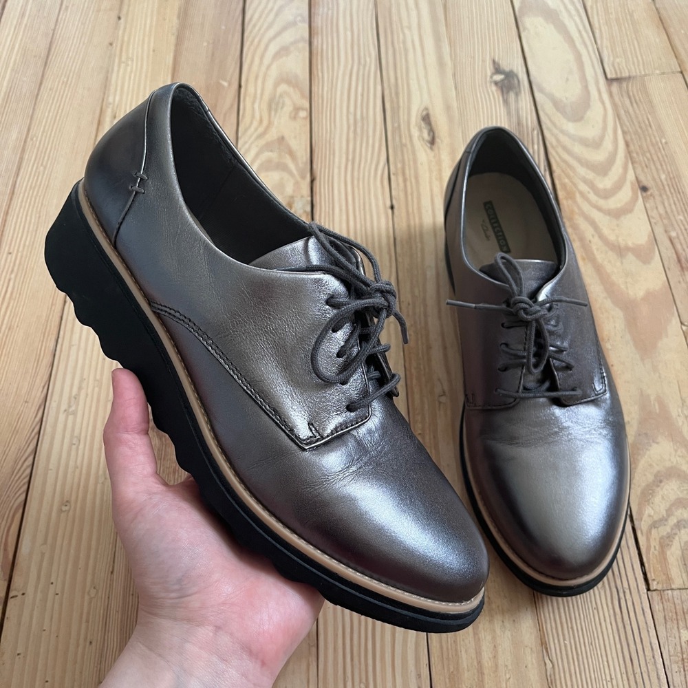 Clarks Sharon Dolly Pewter Metallic Leather Wedge Oxford Shoes Womens 9.5 preppy